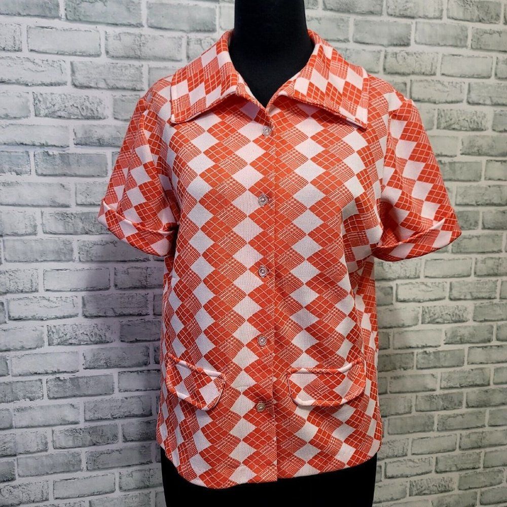 Vintage 70s Orange White Argyle Button Up Disco Double Knit Polyester Jacket Top